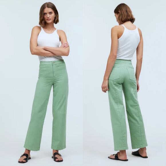 Madewell Pants Womens 29 Petite Green Curvy Emmett Wide Leg Garment Dyed Stretch - Picture 1 of 12